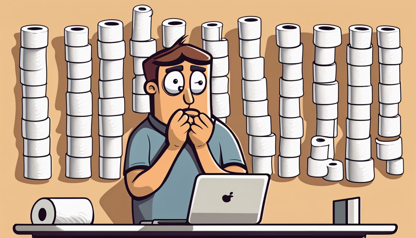 A cartoon illustration of a software developer crying, surrounded by rolls of cheap quality toilet paper