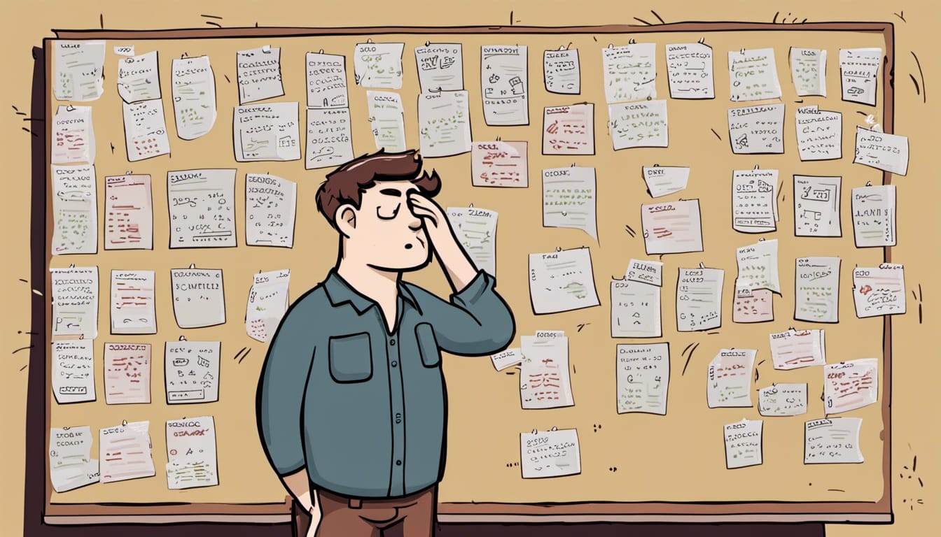 A cartoon software engineer standing at a messy kanban board facepalming themself