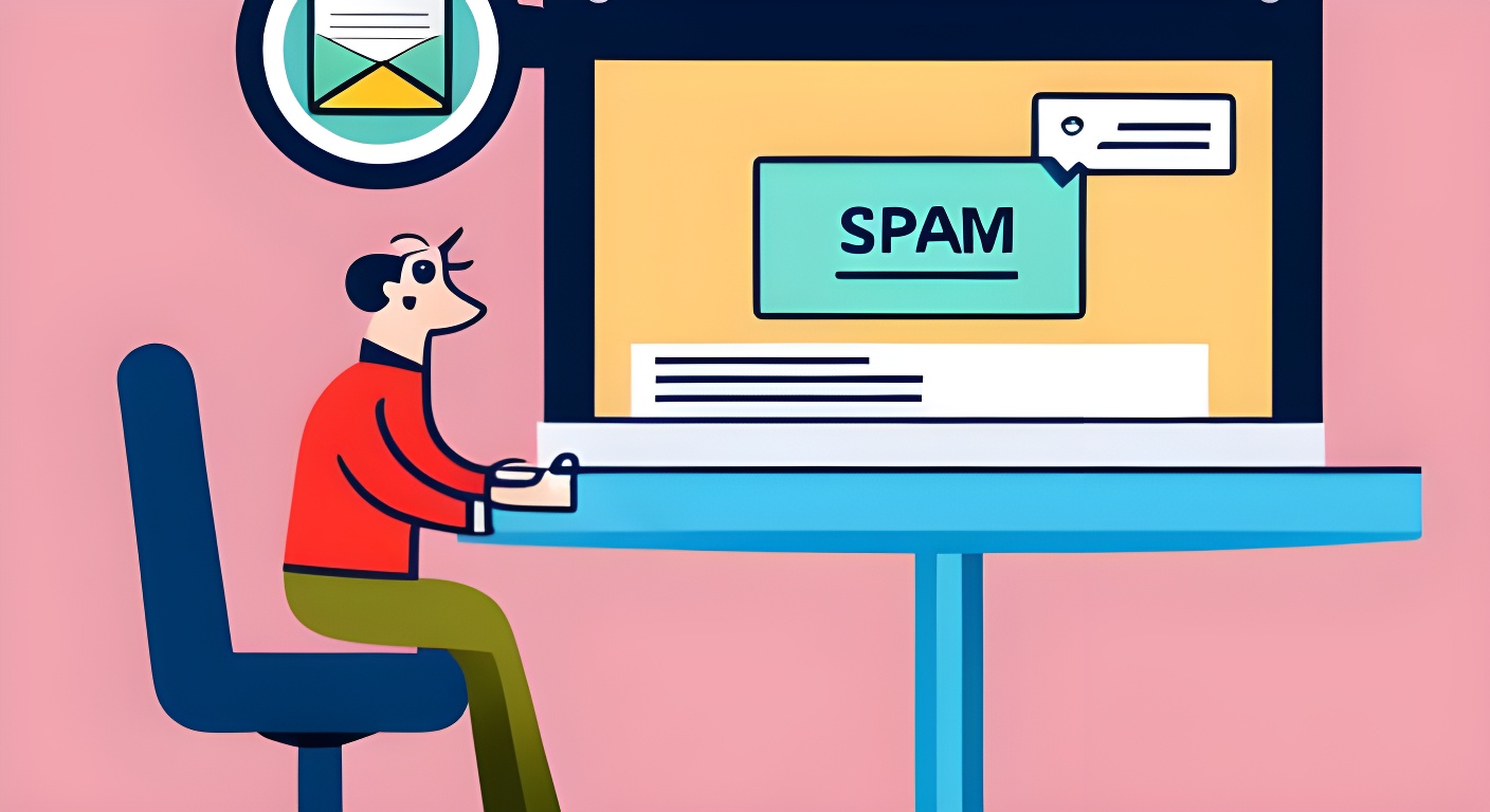 A cartoon person sitting at a computer receiving some spam emails.