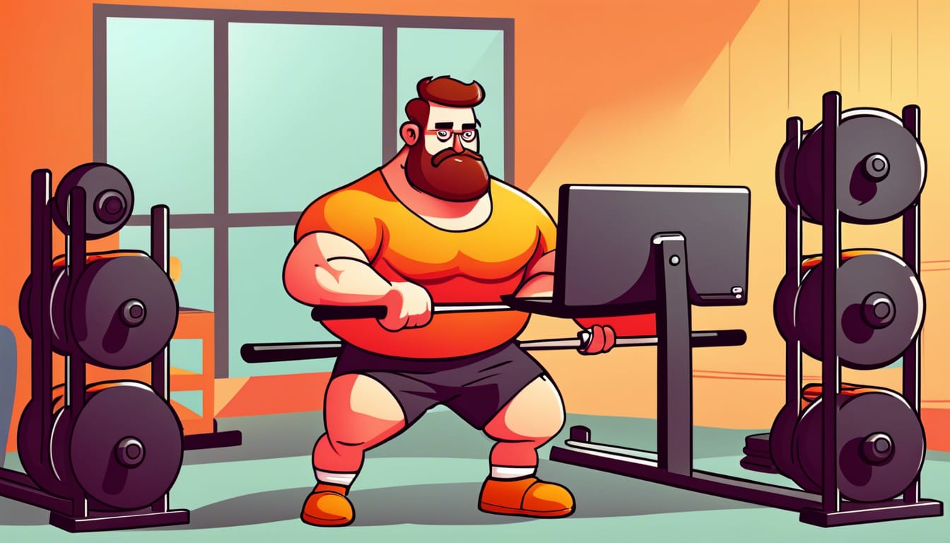 A cartoon illustration of a software developer in a gym, squatting with their laptop surrounded by weights