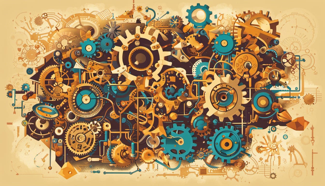 An illustration of connected gears with warm colors