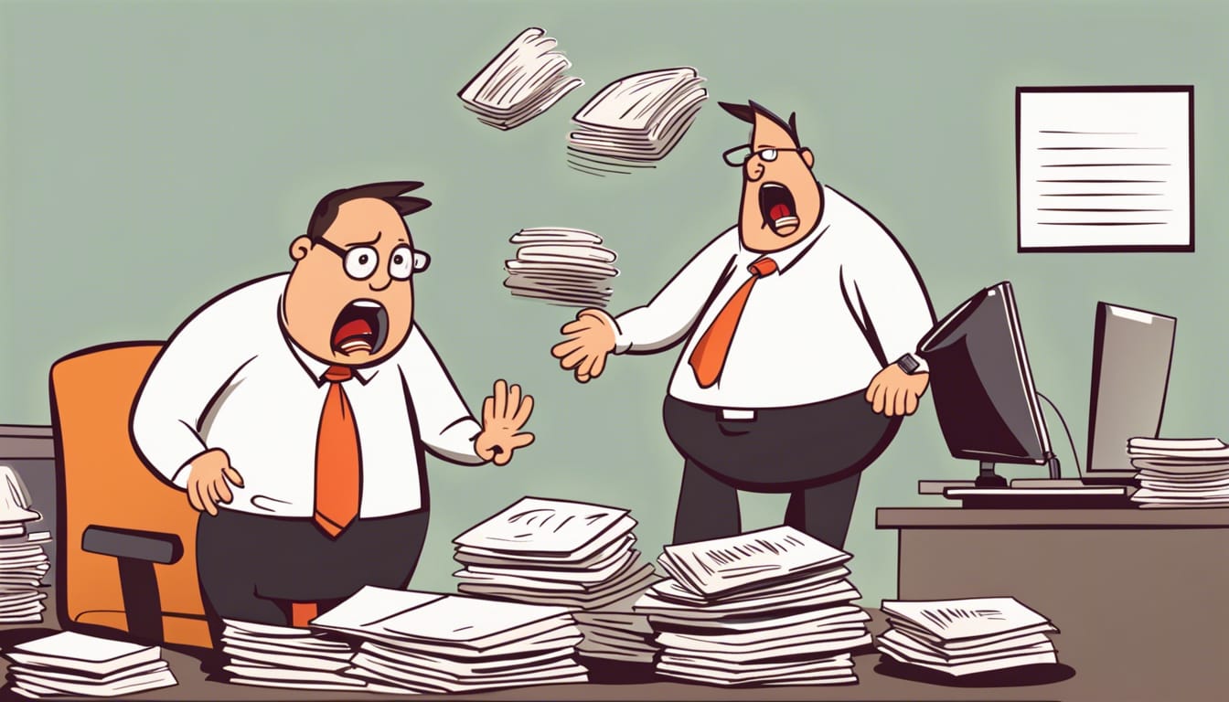 A cartoon illustration of an office worker being given more work by their boss. They already have too many papers on their desk